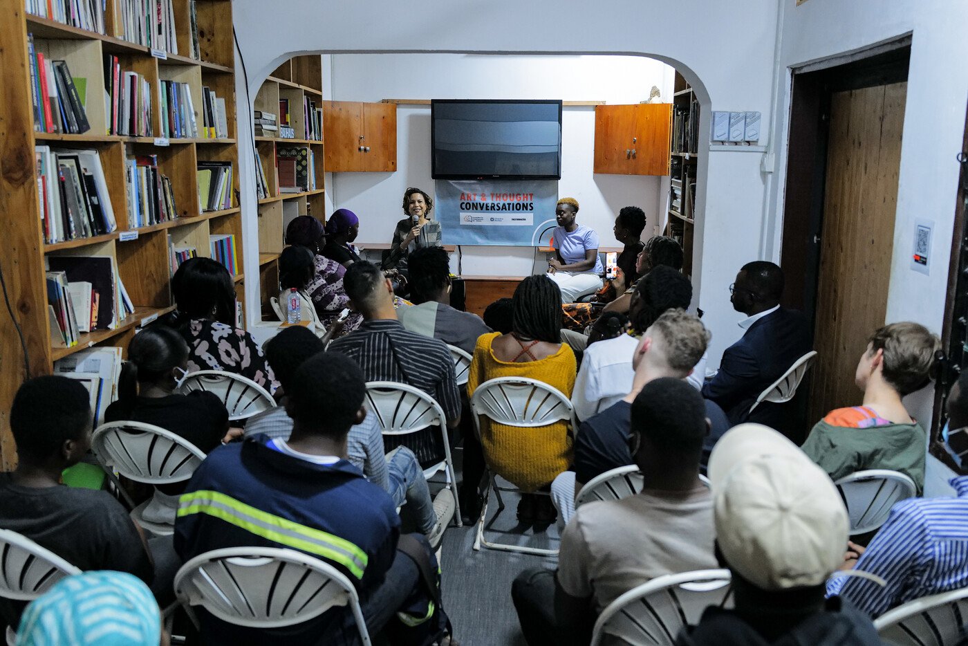 1. FCA Ghana Office and Research Library, 2023. Photo: Abbey-ITA. 2. Art & Thought Conversations with Ebony Coletu and Bianca Manu, 2022. Photo: Francis Kokoroko. 3. Kofi Dawson’s impression of FCA Offic and Library after flooding in 2015. Photo: Adwoa Amoah.