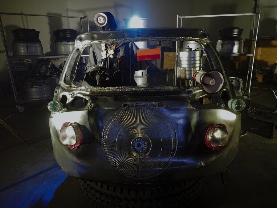 CAR-GUITAR for a sound performance by Bebson as a spooned Darth Vader in Kinshasa, 2014. Image: Kongo Astronauts.